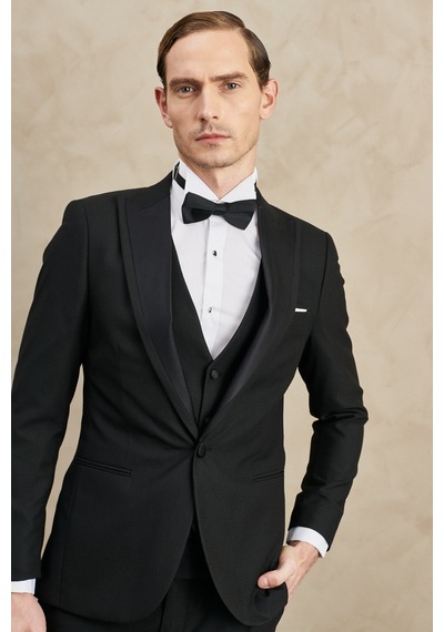 Ac&Co / Altınyıldız Classics Erkek Sıyah Slim Fit Dar Kesim Kırlangıç Yaka Desenli Klasik Smokin Takım Sıyah Siyah
