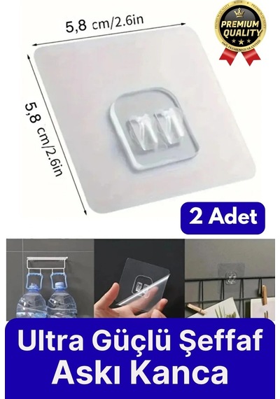 2 Adet Ultra Güçlü Suya Dayanıklı Şeffaf İz Bırakmaz Mutfak Banyo Raf Tablo Ayna Tutucu Askı Kanca Çok Renkli