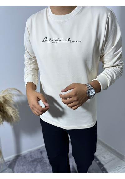 Say-Has Fashion Göğüs Baskılı Bisiklet Yaka Sweatshirt Bej