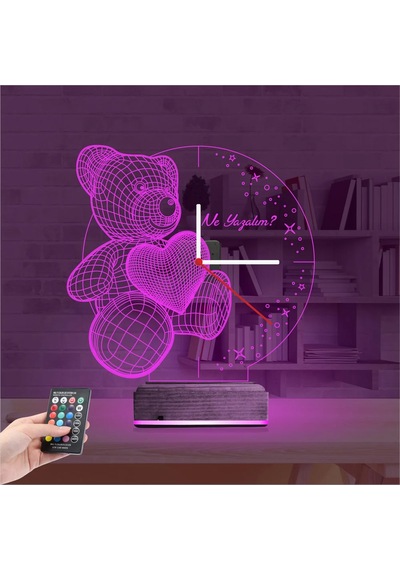 Luvivia Kalp Ayıcık Kişiye Özel Saatli 3d Lamba - Masa Gece Lambası