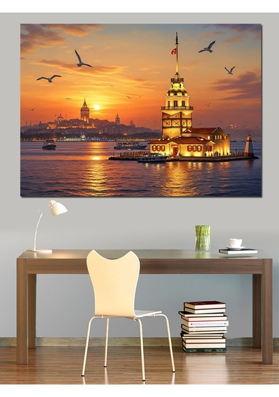 Gün Batımında Işıklı Kız Kulesi Dekoratif Kanvas - Mdf Ahşap Tablo