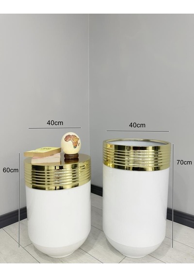 Elegant Dekoratif Gold Darbuka Parlak Beyaz Saksı 70cm + 60cm Sehpa İkili Set