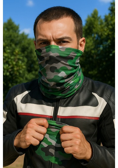 Sticker Works Motorcu Yeşil Kamuflaj Buff Maske Outdoor Boyunluk Unisex Bandana Standart
