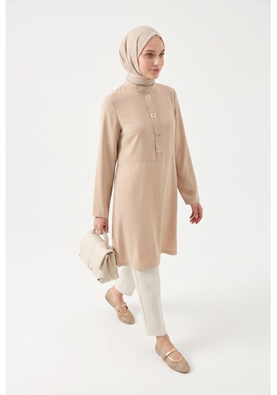 Armine Trend Metal Aksesuar Detaylı Hakim Yaka Tunik Bej 26yt485
