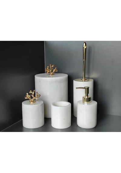 Beyaz Mermer Gold Mercan Aksesuarlı 5'li Banyo Seti Beyaz