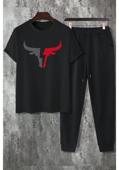 Uyguntarz Unisex Tasarım Boğa Kafa Baskılı Alt-üst Takım T-shirt Eşofman Takımı Siyah Uyguntarz Unisex Tasarım Boğa Kafa Baskılı Alt-üst Takım T-shirt Eşofman Takımı Siyah