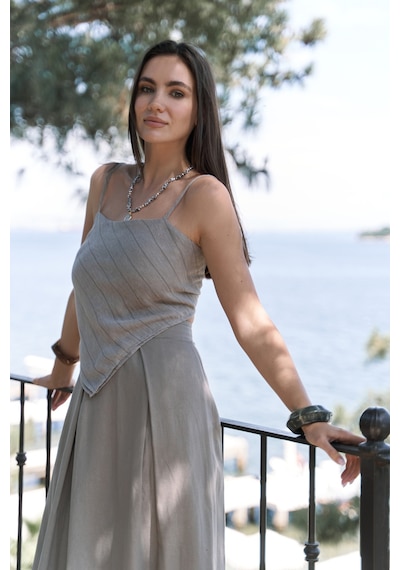 Mai Collection Mai Studios Co. Kita Üçgen Detay Çizgili Vizon Keten Crop Vizon