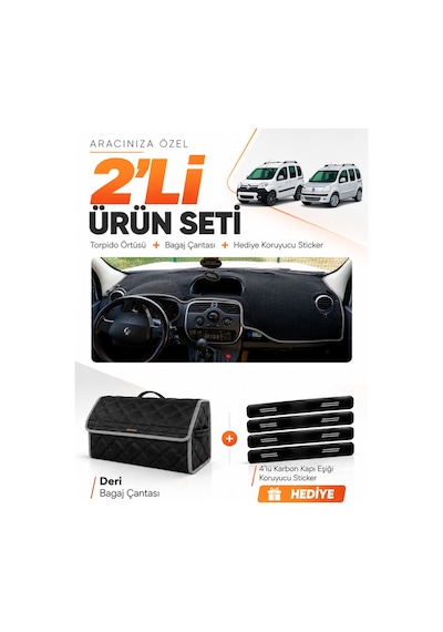 Renault Kangoo 3 2010-2018 Uyumlu Torpido Örtüsü + Deri Bagaj Çantası + Sticker Seti - Siyah Gri
