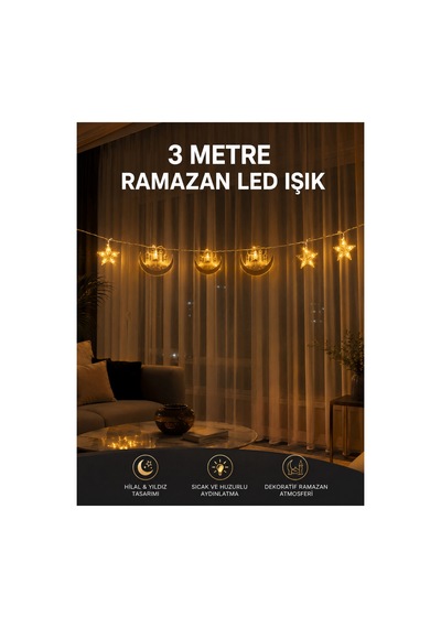Astraltech 3 Metre Ramazan Led Saçak Işık Ev İçi Dekoratif Aydınlatma Düz Renkli