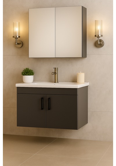 Luna 65 Cm Ahşap Camlı Üst Modül Ve Seramik Lavabolu, Mdf Banyo Dolabı Takımı Antrasit