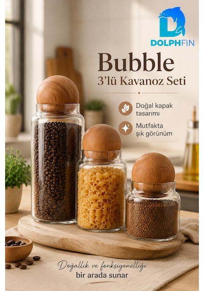 Bubble 3 Lü Cam Kavanoz Seti Küre Ahşap Kapaklı Erzak Saklama Kabı Şeffaf