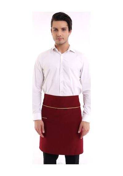 Bordo Renge Sarı Biye Cepli Garson Bel Önlüğü-Standart-Tek Parça