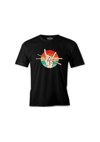 Hand Holding Drum Sticks And Making Rock Sign Siyah Erkek Tshirt 001
