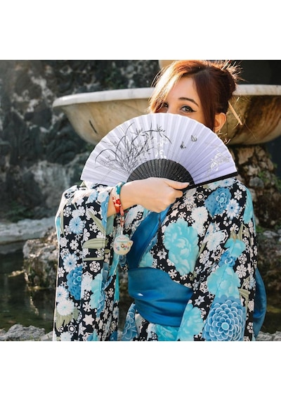 Beluga Yelpaze Bambu Kumaş Serinletici Vintage Siyah Şık Dekorasyon Püsküllü Japon Yelpaze 0181