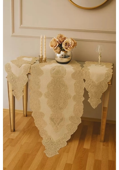 Salon Takımı 5 Parça Keten Dantelli Masa Örtüsü Runner Seti Angelika Model 236- Simli Gold - 150 X 6 Çok Renkli