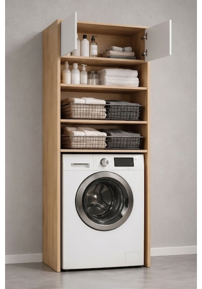 Rudu Lavin Çok Amaçlı Banyo Dolabı Düzenleyici 66x65x190 Cm 2 Kapaklı 4 Raflı Meşe - Beyaz Rudu Lavin Çok Amaçlı Banyo Dolabı Düzenleyici 66x65x190 Cm 2 Kapaklı 4 Raflı Meşe - Beyaz