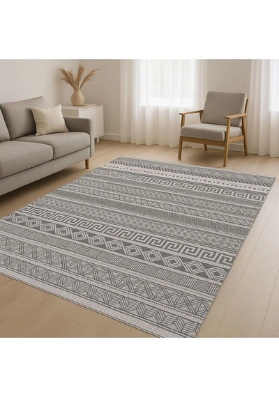 Gri Renk Etnik Desen Modern Halı Dekoratif Kilim