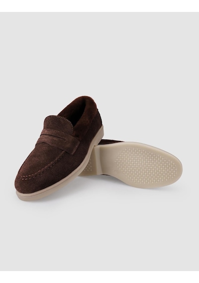 Hakiki Deri Kahverengi Süet Kürklü Kadın Loafer Kahverengi