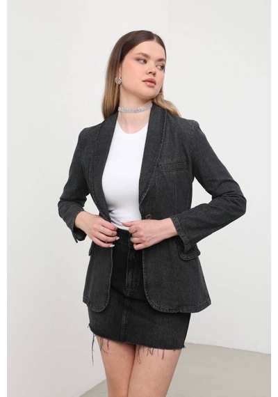 Kadın Uzun Kollu Tek Düğmeli Jean Ceket Antrasit 001