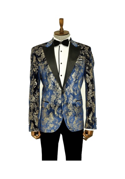 Wessi Dik Yaka Slim Fit Altın Desenli Lacivert Erkek Balo Ceket - Wessi Lacivert