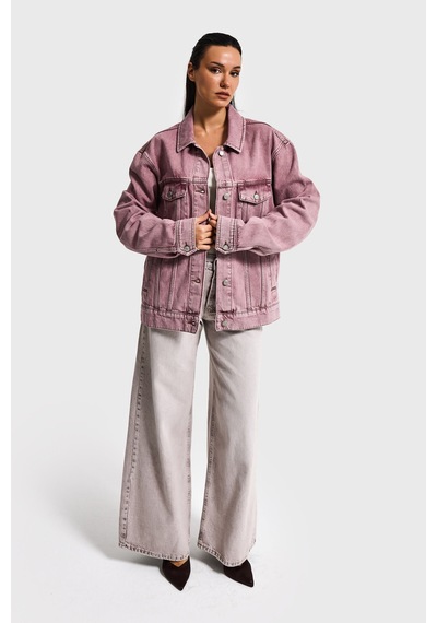 Kadın Lila 3s6-98 Oversize Özel Yıkamalı Bol Kesim Denim Ceket