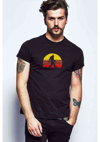 Silhouette Retro Sasquatch Goril Baskılı Siyah Erkek Tshirt