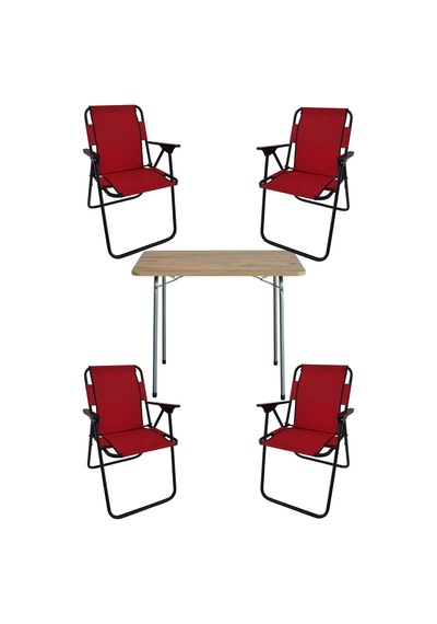 Bofigo 60X80 Çam Desenli Katlanır Masa + 4 Adet Katlanır Sandalye Kamp Seti Bahçe Takımı Kırmızı