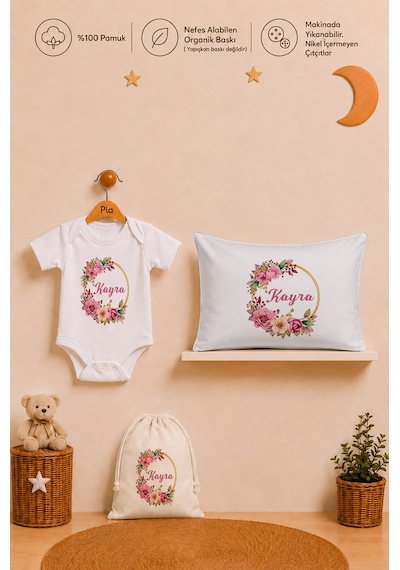 Pia Baby İsme Özel Kız Bebek Hediyesi %100 Pamuk Organik Baskılı Body Yastık Kılıfı Ve Ham Bez Kıyafet Kesesi 1072byk0x Ekru