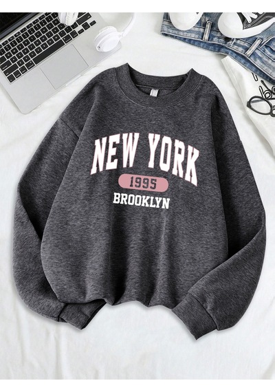 Startmore Startmorenew York Brooklyn 1955 Baskılar Tişörtü Kadın Bisiklet Yaka Rahat Kapüşonlular Gevşek Polar S Antrasit