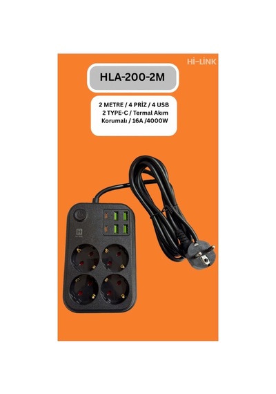 Hi-link 4 Soketli 2xtype-c +4xusb Girişli 2 Metre Kablolu Akım Korumalı Priz 0 - 2 M