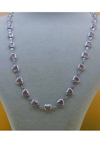 Kadın Gümüş Renk Zirkon Taşlı Çelik Özel Tasarım Kolye 45 Cm Pembe