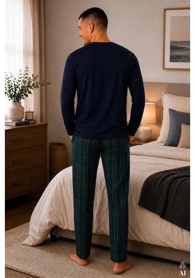 Koza İç Giyim Erkek Pamuklu Uzun Kollu Önü Patlı Ekose Desenli Pijama Takımı Ko60105 Lacivert - Yeşil