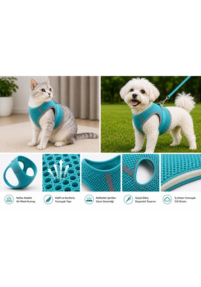 Nefes Alan Kumaş Air Mesh Kedi Köpek Göğüs Tasması Xx Small 28x32 Cm Turkuaz
