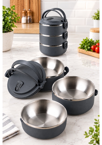 3 Katlı Yeni Nesil Sefer Tası Lunch Box Beslenme Kabı Paslanmaz Çelik 1800 Ml Gri - Siyah