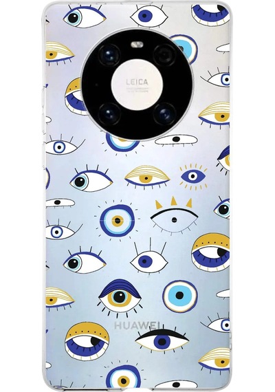 Huawei Mate 40 Pro İle Uyumlu 1mm Slim Fit Nazar Boncuğu 2 Baskılı Şeffaf Kılıf Şeffaf