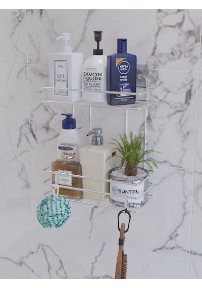 Suntel Yapışkanlı Banyo Rafı Krom + 2 Adet S Kanca Hediye Krom