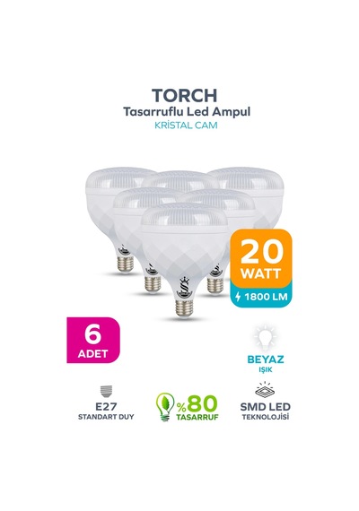 20w Kristal Tasarruflu E27 Beyaz Işık Torch Led Ampul 6 Adet 6 Adet