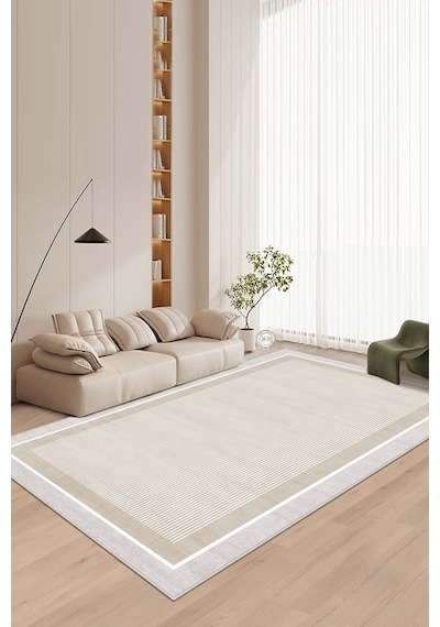 West Home Makinede Yıkanabilir Kaymaz Taban Leke Tutmaz Bej Çizgili Salon Halısı Mutfak Halısı Ve Yolluk