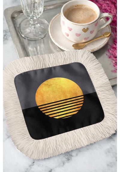 Lüks Güneş Siluetli Saçaklı Sunum Peçetesi - Minimalist Modern Gece Siyah Bardak Altlığı Mendil Soft Kumlu Nar