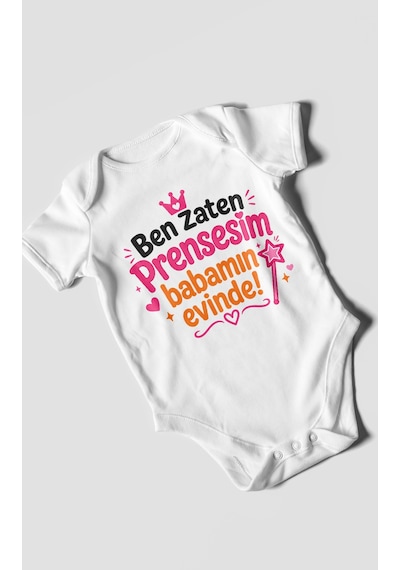 Morivokids Ben Zaten Prensesim Babamın Evinde Kısa Kollu Bebek Body %100 Pamuk Beyaz