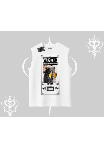 Tarzsokak Wanted Temalı Kedi Baskılı Kolsuz Tshirt Beyaz