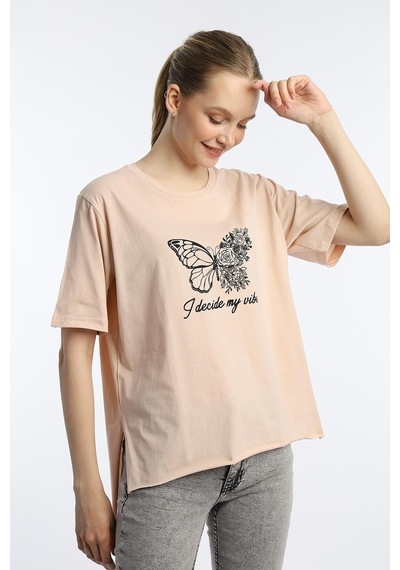 Kadın Kelebek Baskılı Oversize Tişört Bej
