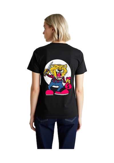 Paybuy Kadın Grafik Baskılı Karikatür Kaplan Tişört Kısa Kollu Yuvarlak Siyah