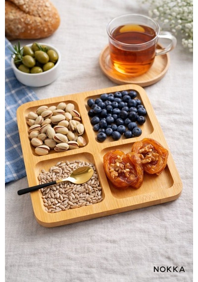 Bambu Sunumluk, 4 Bölmeli Kare Sunum Tabağı, Çerez Tabağı 20x20 Cm Renksiz