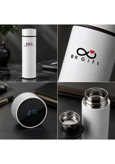 Logonuza Özel 5 Adet 5338 Dijital Süzgeçli Çelik Termos 450 Ml Kurumsal Termos Beyaz
