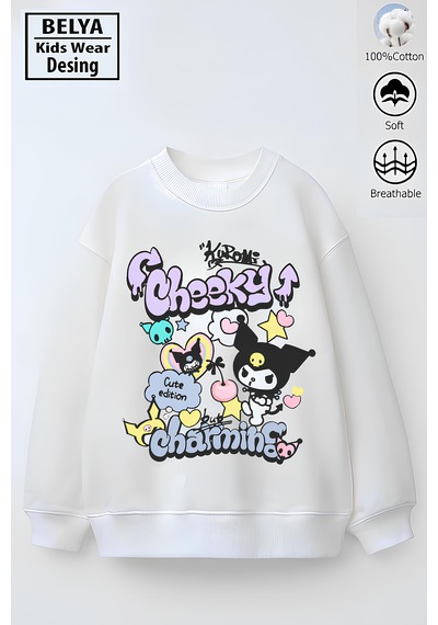 Tam Kalıp Oversize Kız Çocuk Pamuğa Pamuk 3 İplik Kumaş Karakter Tasarım Sweatshirt Beyaz