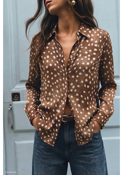 Sateen Desenli Klasik Gömlek - Kahve-137904