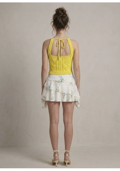 Neden Tekstil Kadın Triko Örme Halter Yaka Crop Bluz - Sarı