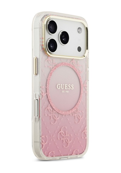 Apple Uyumlu iPhone 17 Pro  Kılıf Guess Lisanslı M-safe Şarj Özellikli 4g Desenli Simli Silikon Kapak Pembe Pembe