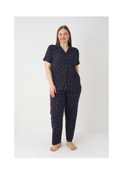 Estiva Kadın Puantiyeli Lacivert Kısa Kollu Önden Düğmeli Soft Battal Pijama Takımı Çok renkli